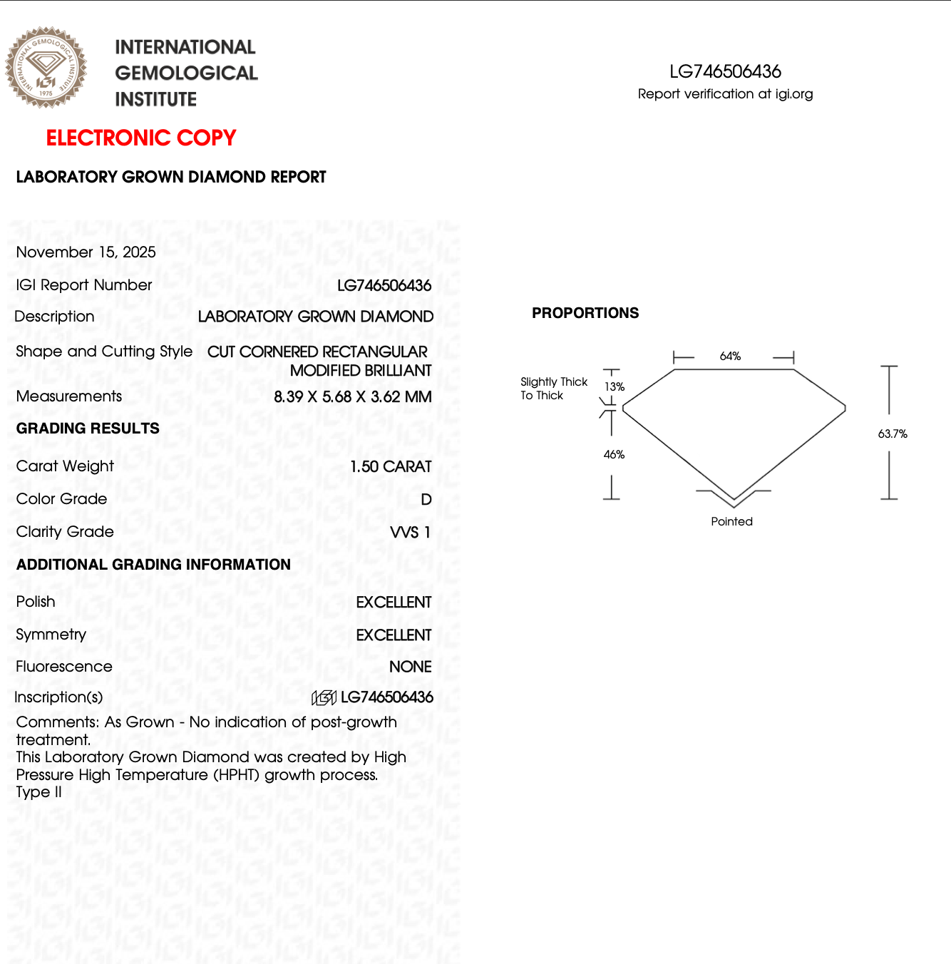 1.50 Carat Radiant - Lab Grown Diamond - D Color - VVS1 Clarity - IGI Certified