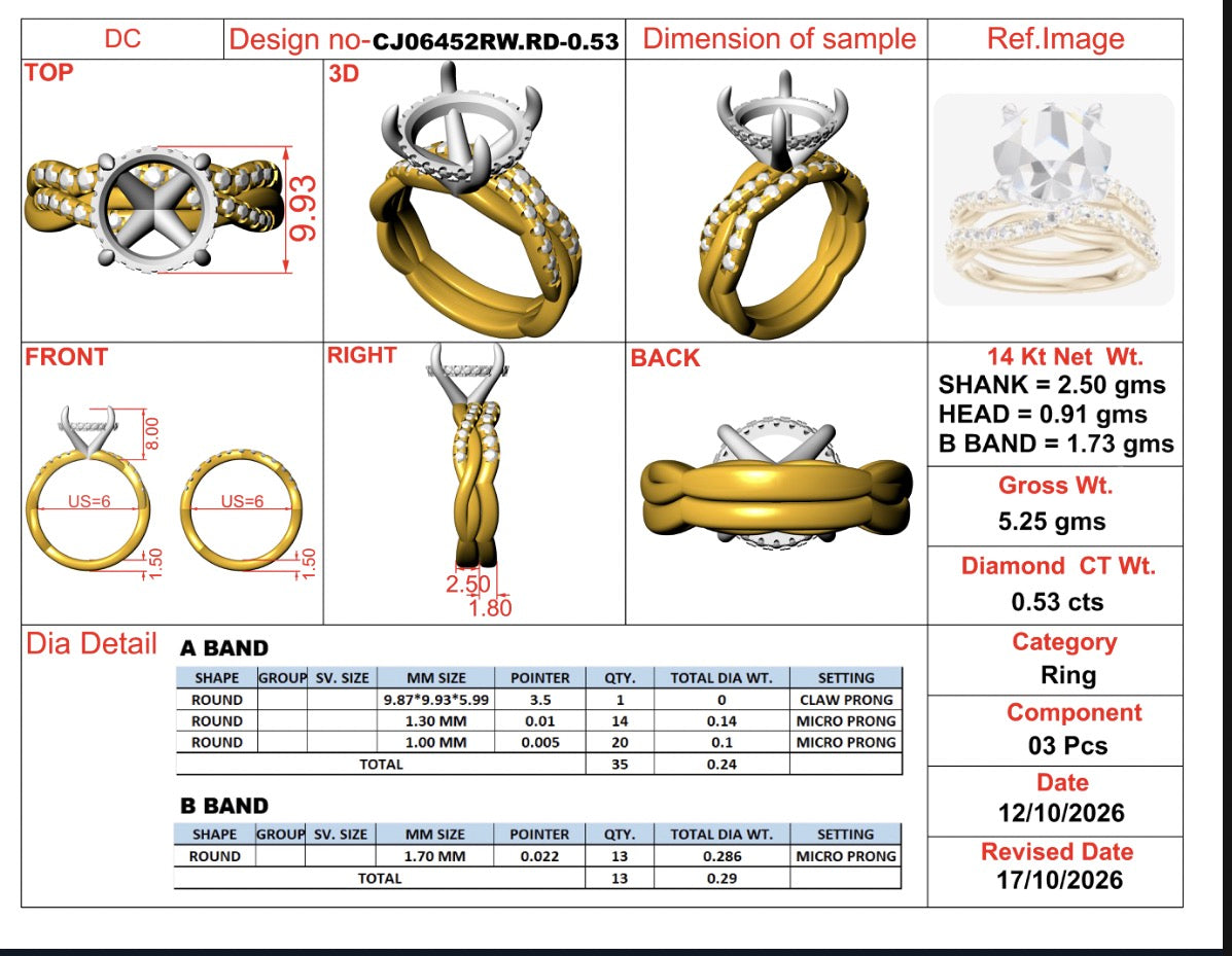 14k 3.58 D VVS1 CT Lab grown ring with band